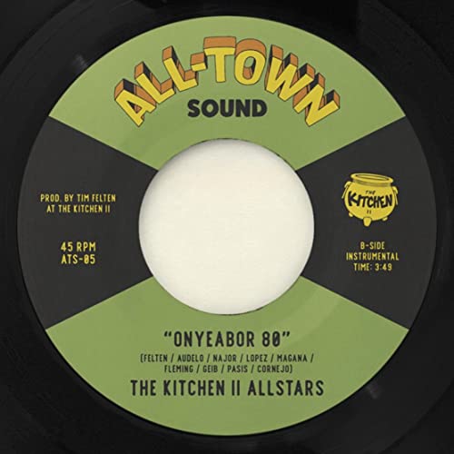 Yellow-labeled 7-inch vinyl record with text: "Onyeabor 80" and "The Kitchen II Allstars".