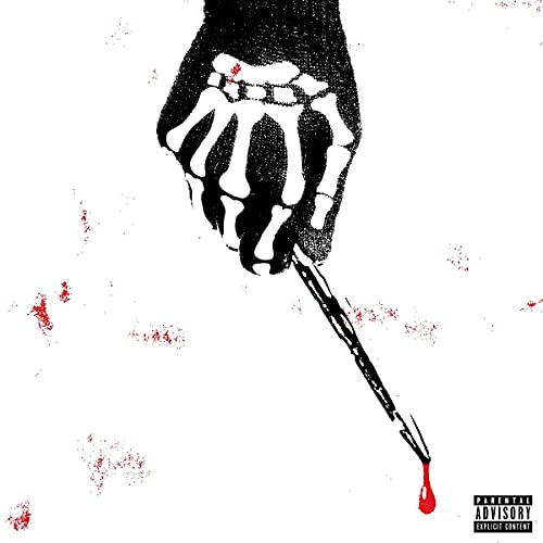 Skeleton hand holding a blood-stained brush on a white background.