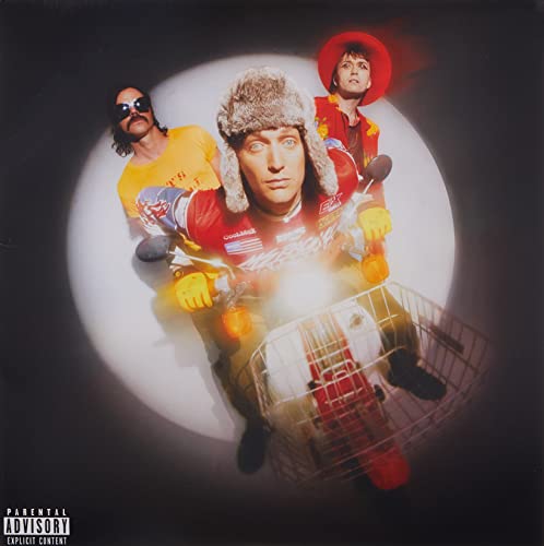 Album cover: three people with a shopping cart, distorted perspective.