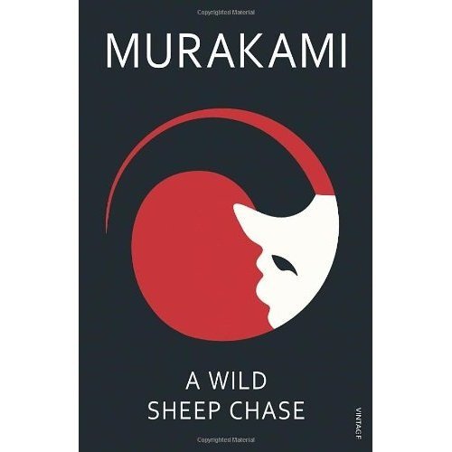 "A Wild Sheep Chase" book cover with a black background, red and white face.