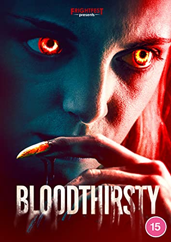 DVD cover for "Bloodthirsty" featuring a woman with glowing red eyes and a claw.