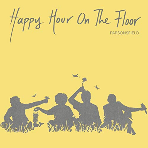 The image is a vinyl album cover with a yellow background. Alt text: Yellow album cover with silhouettes of people sitting in grass.