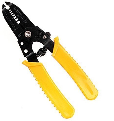 Black and yellow wire stripper tool with spring and cutting blades.