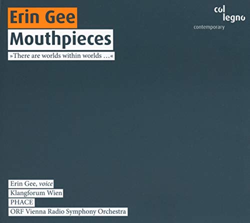 CD cover for Erin Gee’s “Mouthpieces” with blue background and white text.