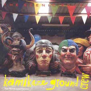 "Kamikaze Ground Crew" CD cover featuring masks and statues under colorful triangular bunting.