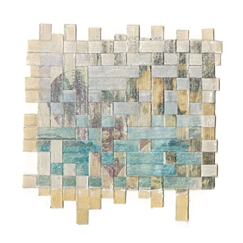 Square mosaic artwork with fragmented images in muted blues, tans, and grays.