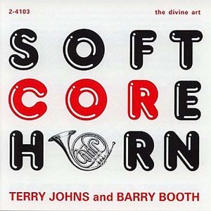 "Album cover with 'SOFT CORE HORN' text and horn illustration on a white background."