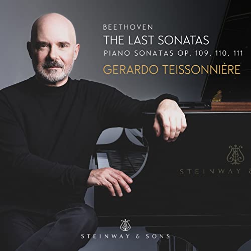 Gerardo Teissonniere portrait with a Steinway piano, album cover for Beethoven sonatas.