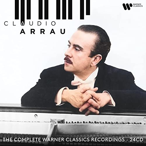 Claudio Arrau portrait on CD cover with piano keys and Warner Classics logo.