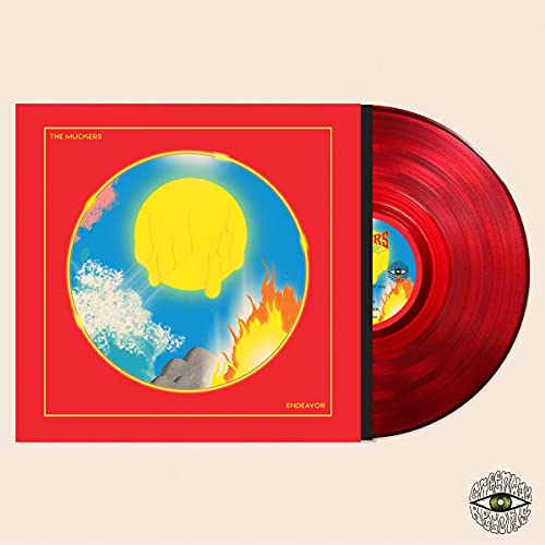 Red vinyl record with cover art featuring a sun and flames.