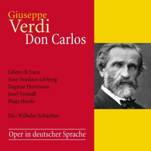 Red and yellow album cover with Giuseppe Verdi's portrait and performer list.