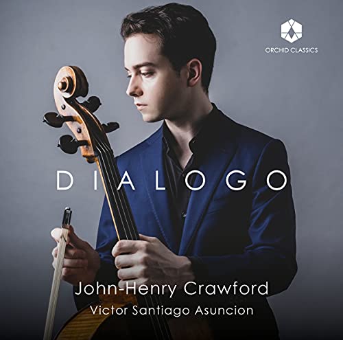 Cellist John-Henry Crawford in a blue suit, album cover "Dialogo".