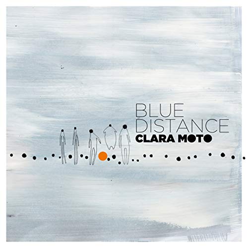 The image is a CD cover for "Clara Moto - Blue Distance." The alt text is: "CD cover with abstract figures and text on a blue background."