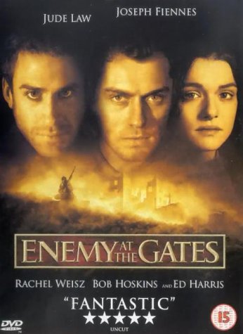 DVD cover for "Enemy At The Gates" featuring Jude Law, Joseph Fiennes, and Rachel Weisz.