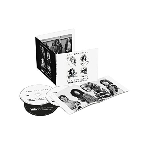 "CD case and discs for Led Zeppelin's 'The Complete BBC Sessions' on white background."