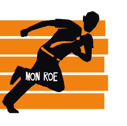 "Silhouette of a man running, with 'Mon Roe' text, against orange horizontal stripes."