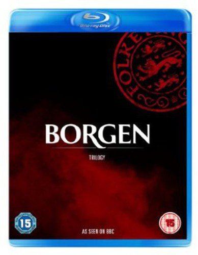 "Borgen Trilogy" Blu-ray case with red and black cover art and blue case.
