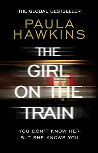 "The Girl on the Train" book cover with blurred train image and white text.