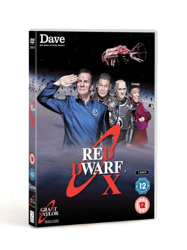 "Red Dwarf X DVD cover featuring four characters and a spaceship in a space scene."