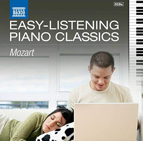 CD cover for Mozart’s “Easy Listening Piano Classics” with people relaxing.