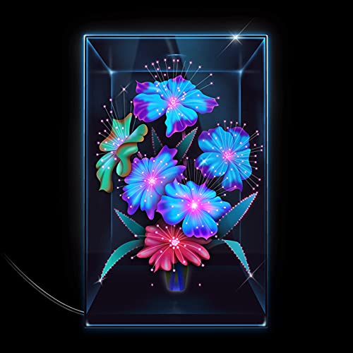 Neon-style illustration of colorful flowers inside a rectangular frame.