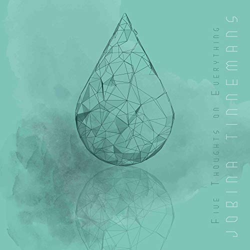 "Album cover with geometric teardrop on teal background, reflecting a cloudy pattern."