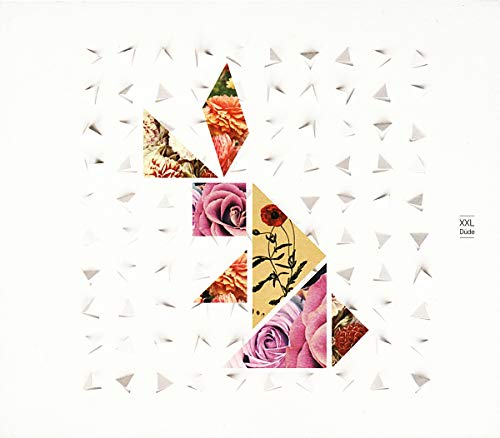 A vinyl record cover with a floral mosaic on a white background.