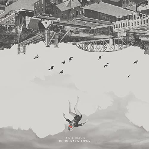 CD cover: a falling figure over a grayscale townscape with birds.