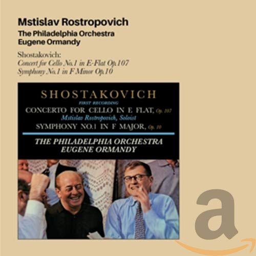 CD cover featuring Rostropovich, Ormandy, and Shostakovich compositions.