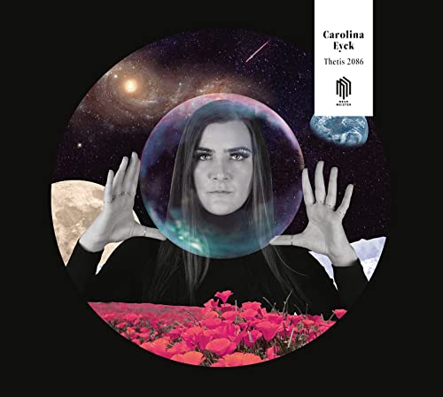 A woman's face inside a bubble against a space background with red flowers below.