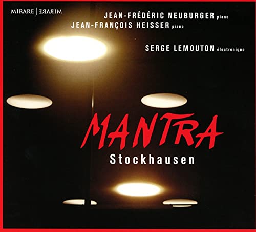 CD cover for Stockhausen’s “Mantra” with red text and light flares.