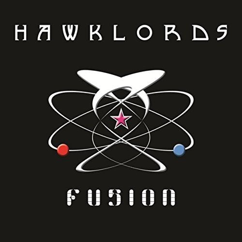 "Album cover with 'Hawklords' and 'Fusion' text, featuring a stylized atom design on black background."