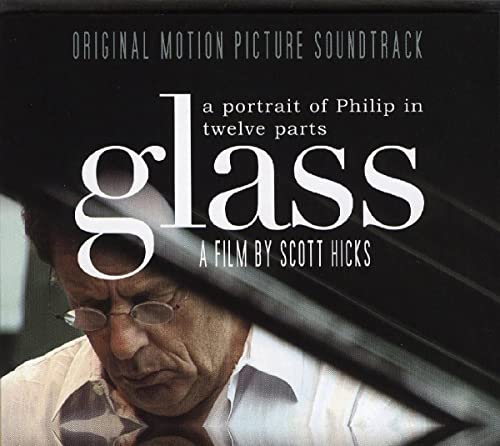 CD cover for Philip Glass documentary soundtrack, featuring a portrait of Glass.