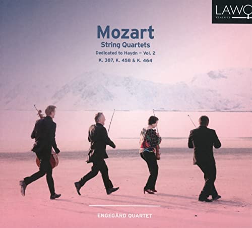 CD cover: Quartet walking towards mountains, text reads "Mozart String Quartets.