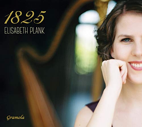 "Album cover featuring a smiling woman beside a harp with text '1825 Elisabeth Plank'."