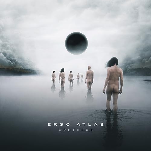 Figures walking towards a dark sun in a misty landscape.