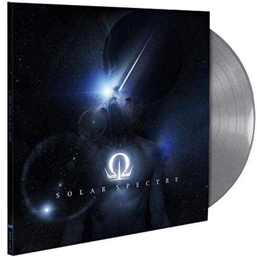 Vinyl record cover with a dark, cosmic figure and silver disc.