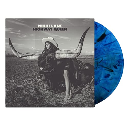 Vinyl record cover featuring a woman on a longhorn bull, and blue vinyl.
