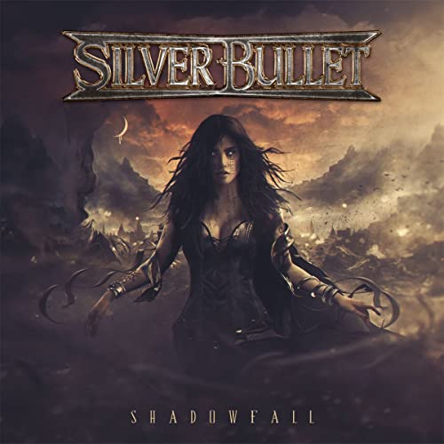 CD cover for Silver Bullet’s “Shadowfall” featuring a woman in a dark landscape.