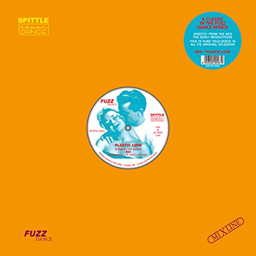 Orange vinyl record with a central label featuring a couple in silhouette.