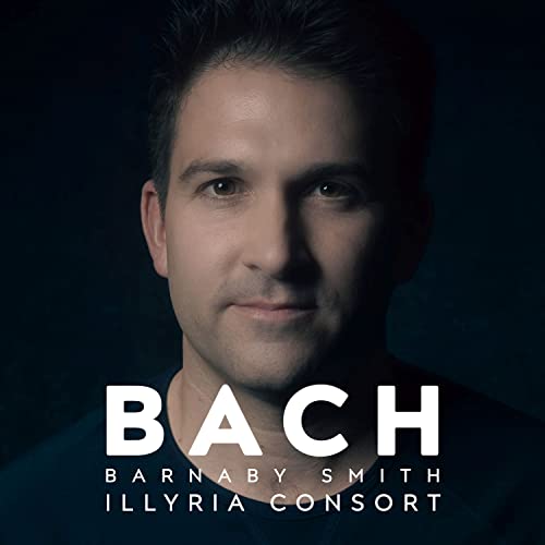 Portrait of Barnaby Smith with “BACH” text, album cover art.
