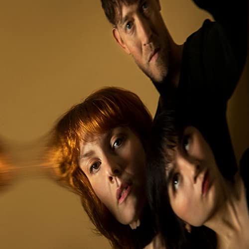 Three people with varied hair colors gaze forward in a warm-toned portrait.