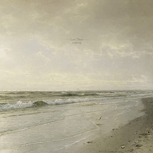 Painting of a seascape with a beach, waves, and a distant ship.