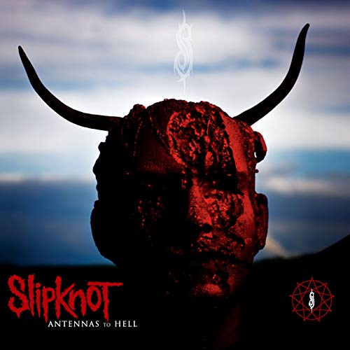 "Album cover featuring a red, horned skull against a cloudy sky with 'Slipknot' and 'Antennas to Hell'."