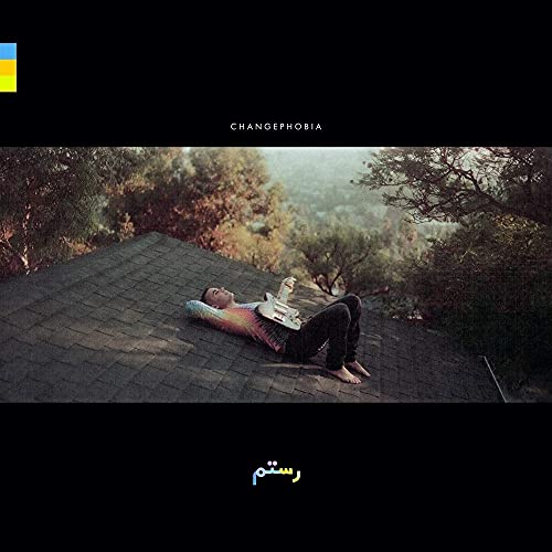 A person lying on a roof holding a guitar with trees in the background.