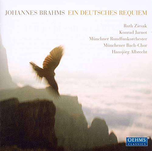 CD cover: bird in flight over rocky landscape, Brahms’ “Ein Deutsches Requiem.”