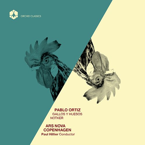 "CD cover with diagonal split background, featuring two roosters and text."
