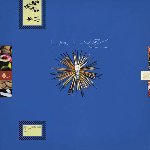 Blue vinyl record cover with abstract collage and handwritten text.