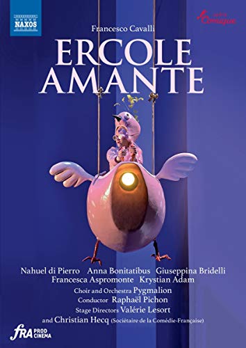 DVD cover for "Ercole Amante" featuring a marionette on a giant pink eye against blue.