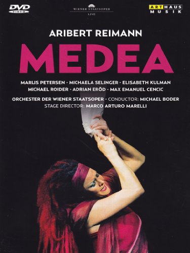 DVD cover for "Medea" featuring two women in red, embracing, against a black background.